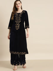 Shae by SASSAFRAS - Navy Velvet Floral Zari Embroidery Kurta