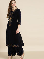 Shae by SASSAFRAS - Navy Velvet Floral Zari Embroidery Kurta