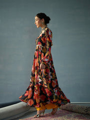 Women Black Floral Round Neck Tiered Kurta