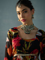 Women Black Floral Round Neck Tiered Kurta