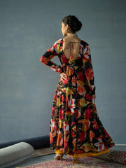 Women Black Floral Round Neck Tiered Kurta