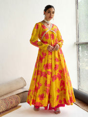 Women Yellow Floral V-Neck Anarkali Kurta