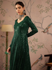 Women Emerald Green Sequins Sweetheart Neck Anarkali Kurta