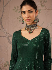 Women Emerald Green Sequins Sweetheart Neck Anarkali Kurta