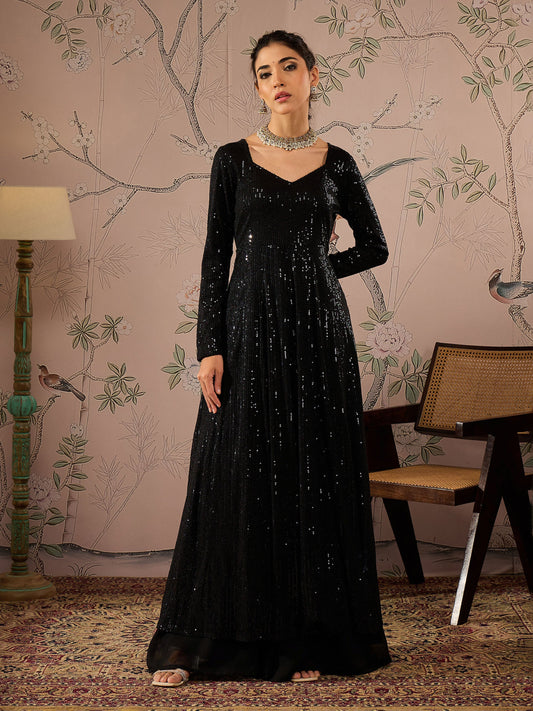 Women Black Sequins Sweetheart Neck Anarkali Kurta
