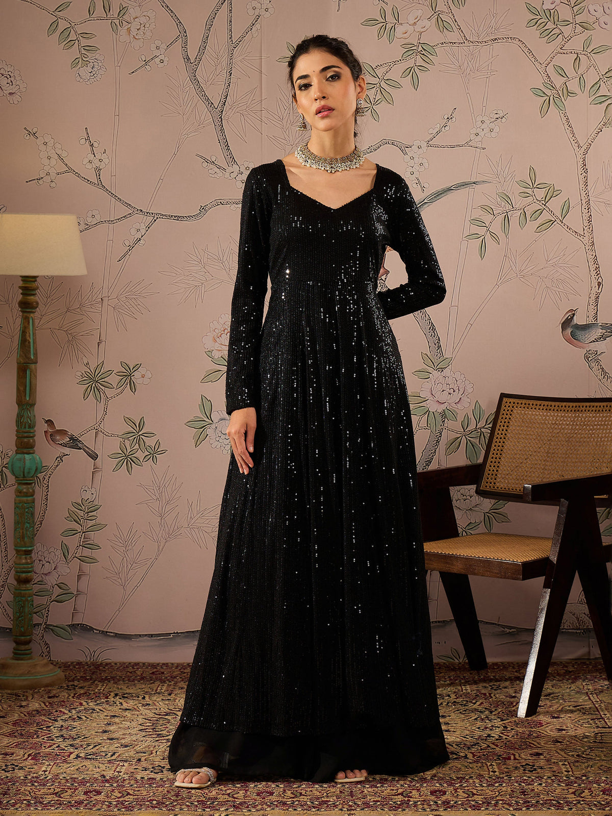 Women Black Sequins Sweetheart Neck Anarkali Kurta