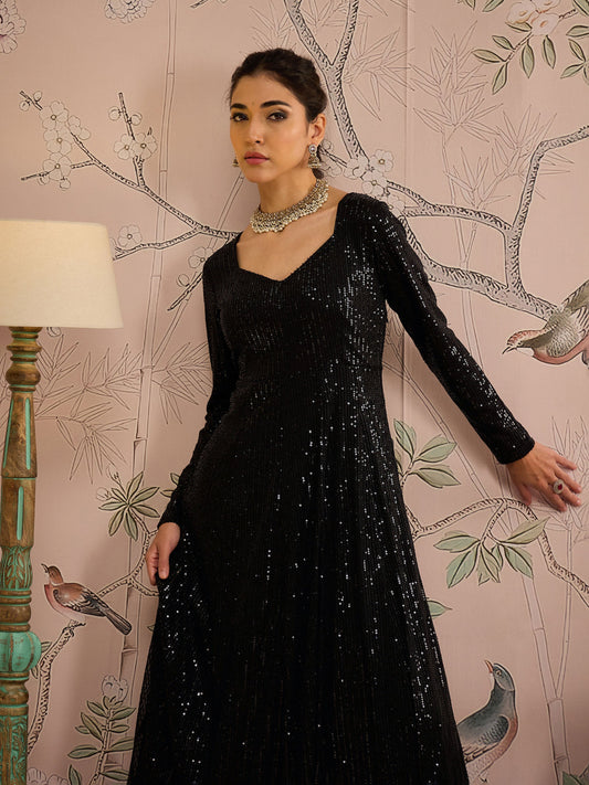 Women Black Sequins Sweetheart Neck Anarkali Kurta