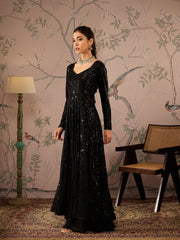 Women Black Sequins Sweetheart Neck Anarkali Kurta