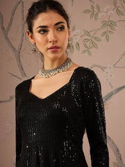 Women Black Sequins Sweetheart Neck Anarkali Kurta
