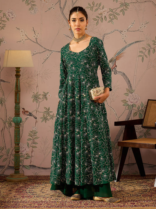 Women Emerald Green Sequins Sweetheart Neck Kurta