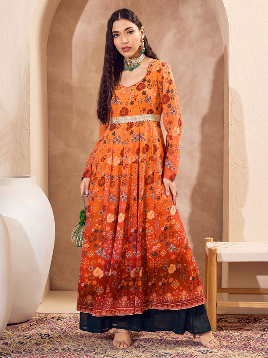 Women Orange Floral Sweetheart Neck Anarkali Kurta