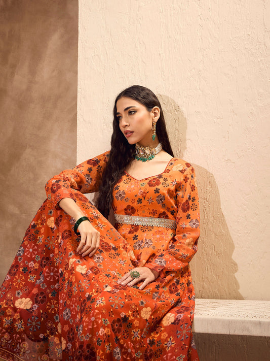 Women Orange Floral Sweetheart Neck Anarkali Kurta