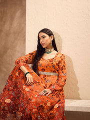 Women Orange Floral Sweetheart Neck Anarkali Kurta