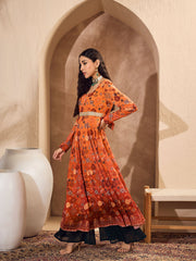 Women Orange Floral Sweetheart Neck Anarkali Kurta