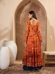 Women Orange Floral Sweetheart Neck Anarkali Kurta