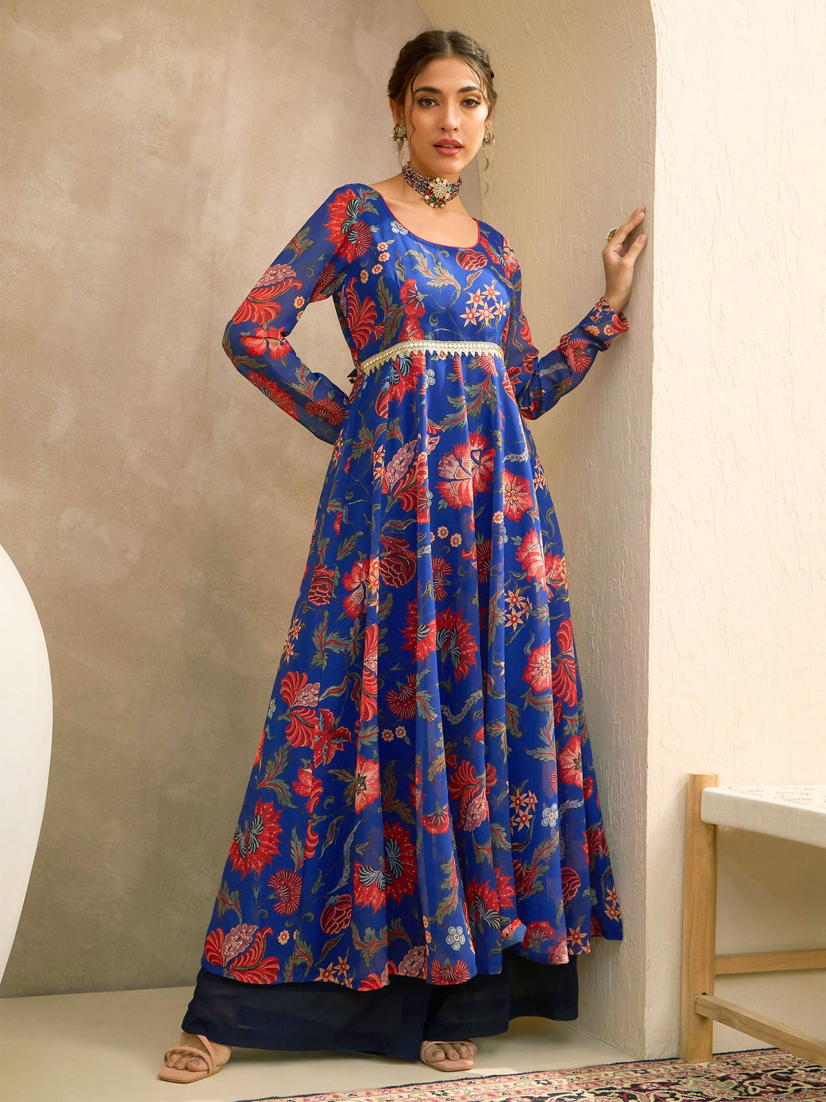 Women Blue Floral Round Neck Anarkali Kurta