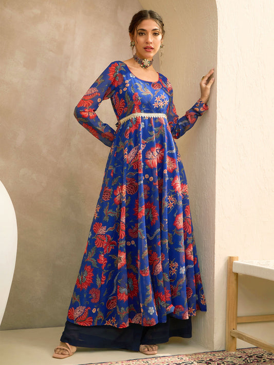 Women Blue Floral Round Neck Anarkali Kurta