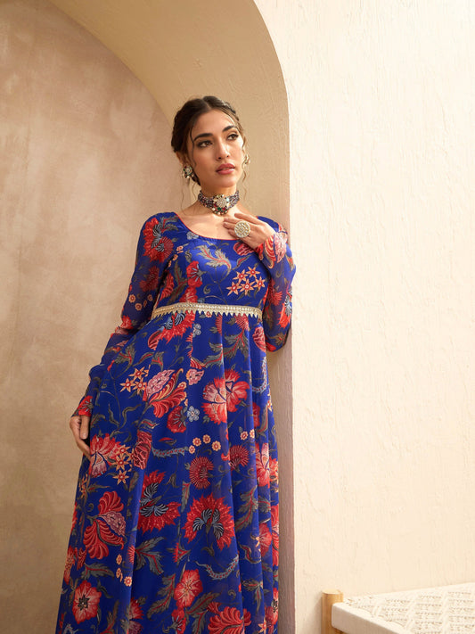 Women Blue Floral Round Neck Anarkali Kurta