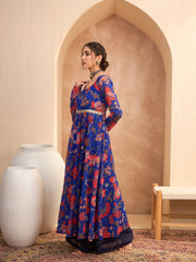 Women Blue Floral Round Neck Anarkali Kurta