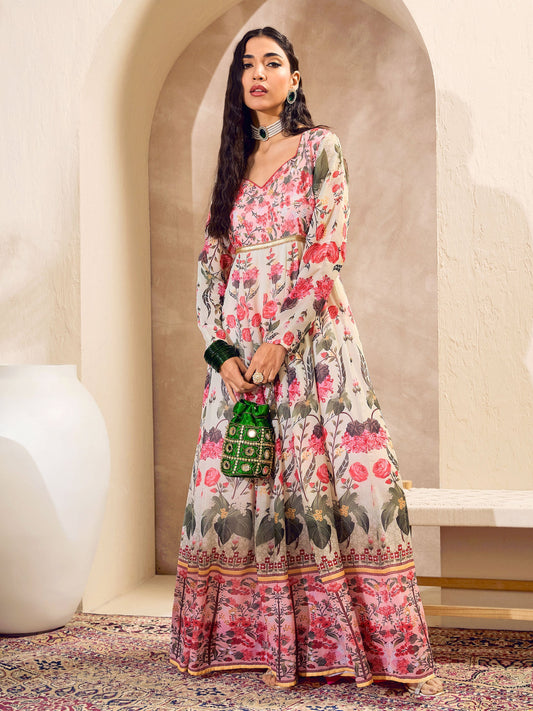 Women Off White Floral Sweetheart Neck Anarkali Kurta
