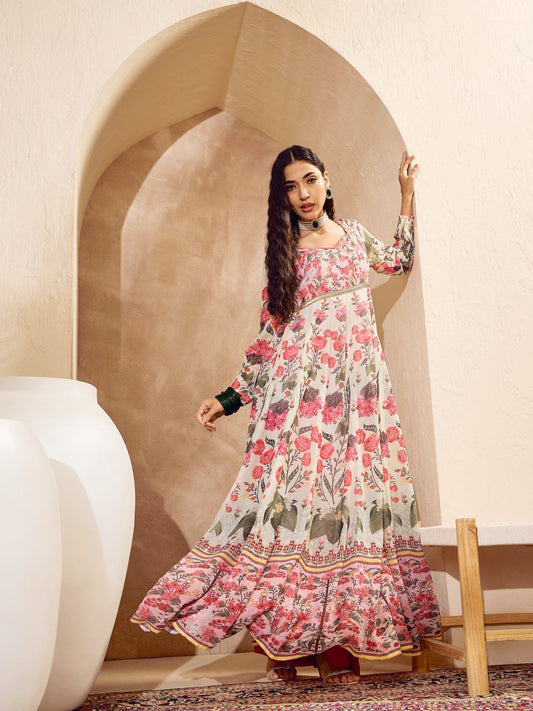 Women Off White Floral Sweetheart Neck Anarkali Kurta