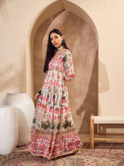 Women Off White Floral Sweetheart Neck Anarkali Kurta