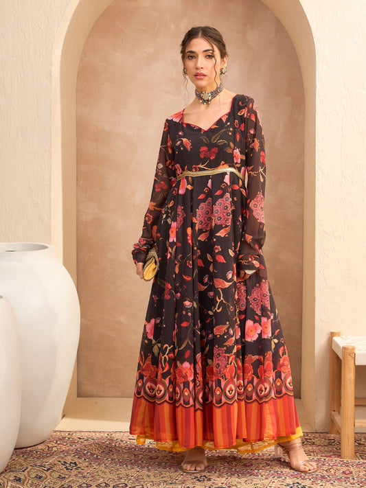 Women Black Floral Georgette Anarkali Kurta