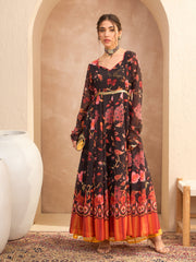 Women Black Floral Georgette Anarkali Kurta