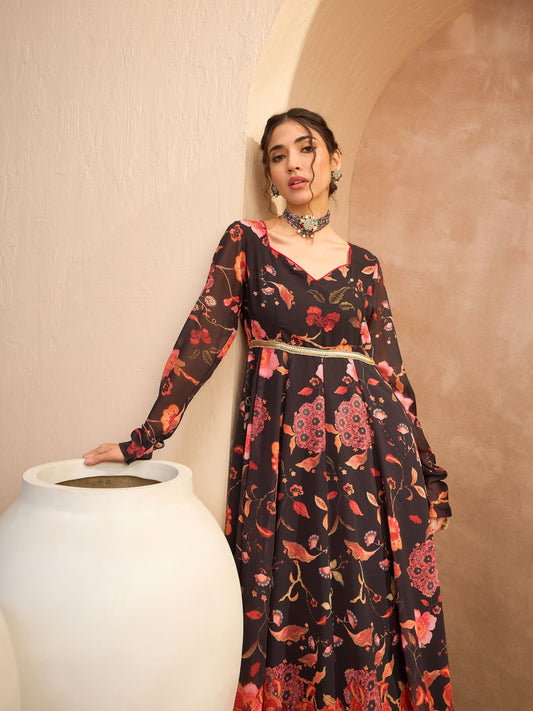 Women Black Floral Georgette Anarkali Kurta