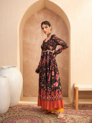 Women Black Floral Georgette Anarkali Kurta