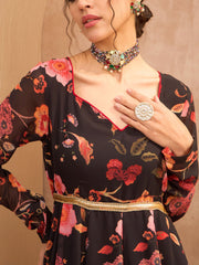 Women Black Floral Georgette Anarkali Kurta