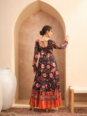 Women Black Floral Georgette Anarkali Kurta