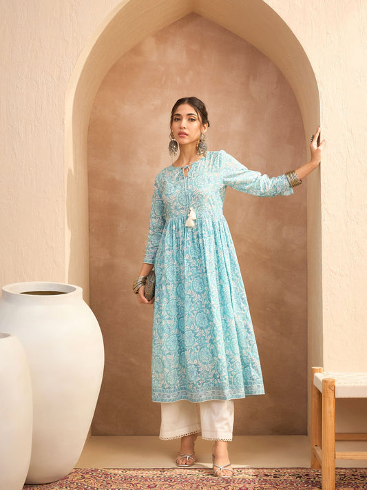 Women Blue Floral Front Dori Gathered Kurta