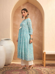 Women Blue Floral Front Dori Gathered Kurta