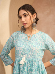 Women Blue Floral Front Dori Gathered Kurta