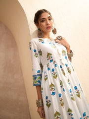 Women White Floral Front Dori Gathered Kurta