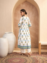Women White Floral Front Dori Gathered Kurta