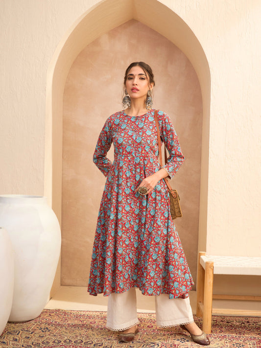 Women Red Floral Buttonned Pocket Kurta
