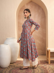 Women Red Floral Buttonned Pocket Kurta