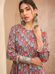Women Red Floral Buttonned Pocket Kurta
