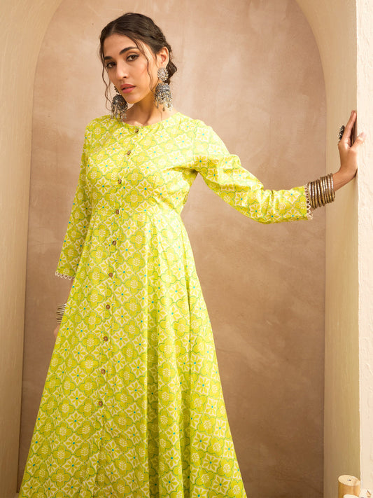 Women Lime Green Floral Buttonned Pocket Kurta