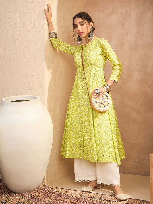 Women Lime Green Floral Buttonned Pocket Kurta