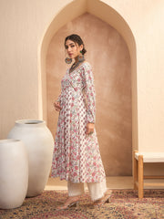 Women White Floral Sweetheart Neck Anarkali Kurta