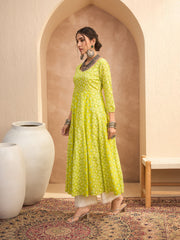 Women Lime Green Floral Sweetheart Neck Anarkali Kurta