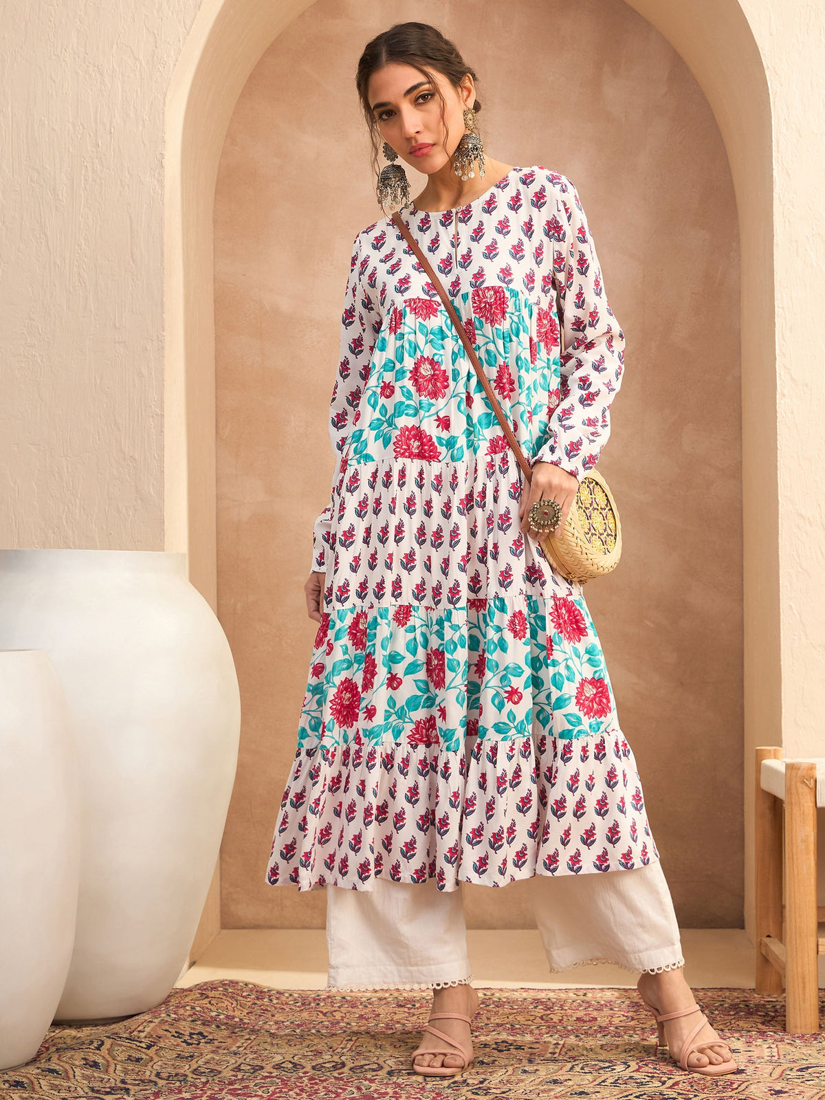 Women White Floral Tiered Kurta