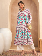 Women White Floral Tiered Kurta