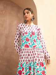 Women White Floral Tiered Kurta