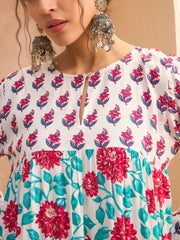 Women White Floral Tiered Kurta
