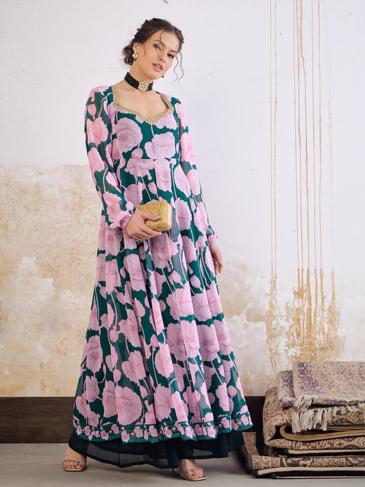 Women Green & Pink Floral Sweetheart Neck Anarkali Kurta