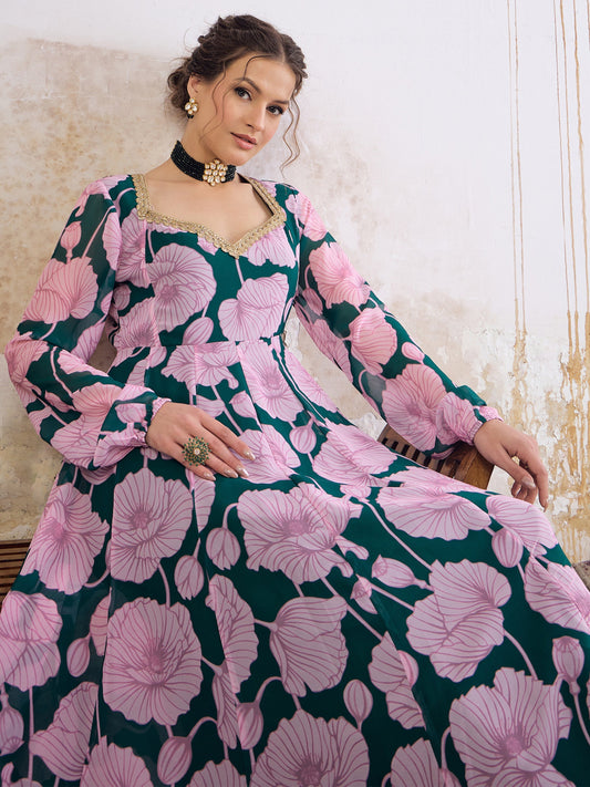 Women Green & Pink Floral Sweetheart Neck Anarkali Kurta